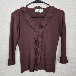 JOSEPH A Brown V Neck Ruffle Sweater S